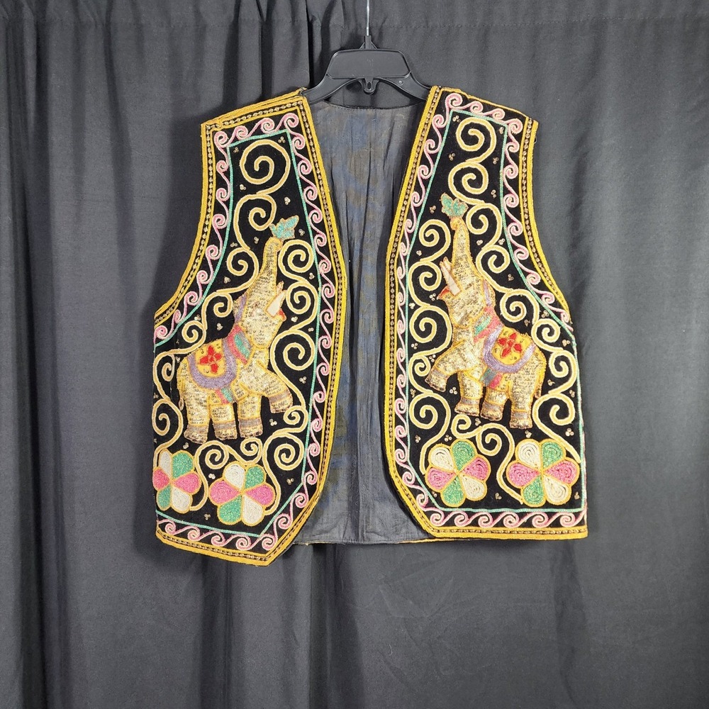 Vintage Embroidered Elephant Vest Unisex‎ Beaded Festival Boho Chic Whimsical